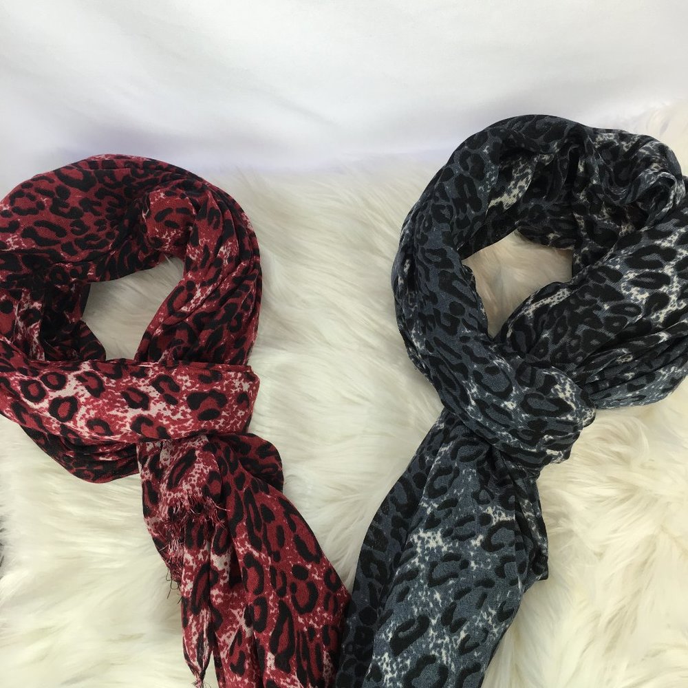 Set of two leopard print scarves (red & grey)